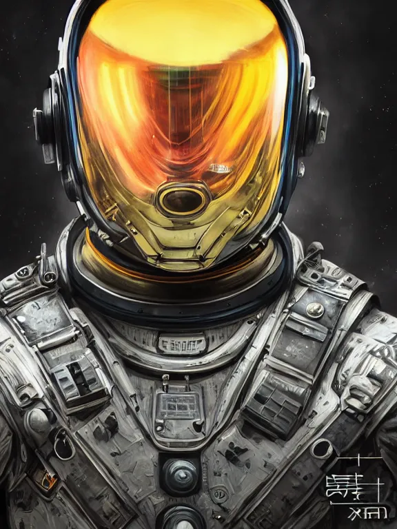 Prompt: portrait art of 8k ultra realistic retro futuristic astronaut, helmet visor smashed, glow around helmet, deep space , detailed intricate ornate armour,blade runner, cybernetic, full of colour, cinematic lighting, trending on artstation, 4k, hyperrealistic, focused, extreme details,unreal engine 5, cinematic, masterpiece, art by ayami kojima, giger