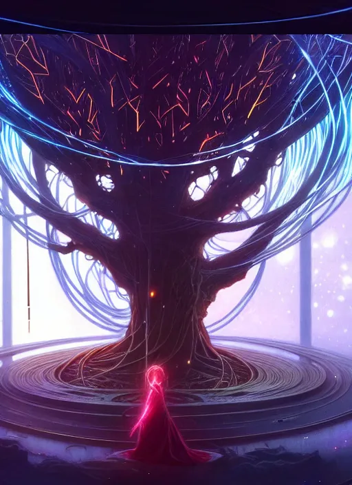 Prompt: high depth, collective civilization tree, calm, healing, resting, life, hybrids, scifi, glowing lights!!, published concept art, mixed medias, image overlays, sharp focus, thin glowing wires, winning illustration, art by greg rutkowski and alphonse mucha, singularity!!!, 3 6 0 projection