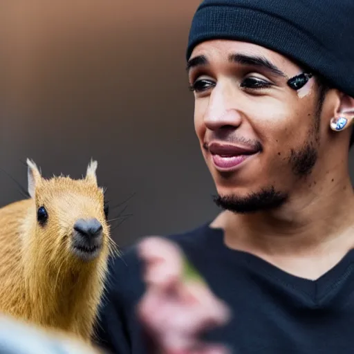 Image similar to an award winning photo of lewis hamilton holding a baby capybara, 4 k