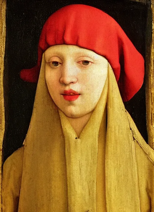 Prompt: red hat, medieval painting by jan van eyck, johannes vermeer