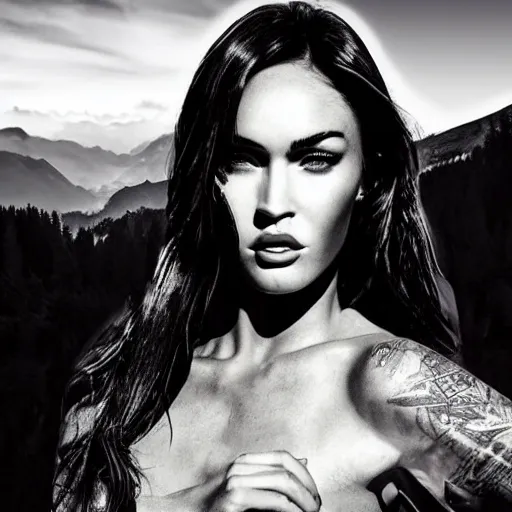 Image similar to double - exposure effect of megan fox face blended with beautiful mountains, in the style of dan mountford, amazing detail, black and white