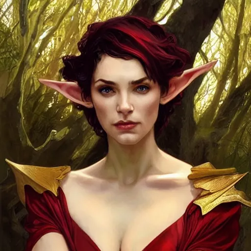 Image similar to portrait of statuesque elf resting on a tree, short hair, red and gold clothes, expressive face, sharp focus, intricate, smooth, ultra realistic digital art, d & d, high fantasy, pointed ears, elegant, by artgerm, greg rutkowski, alphonse mucha