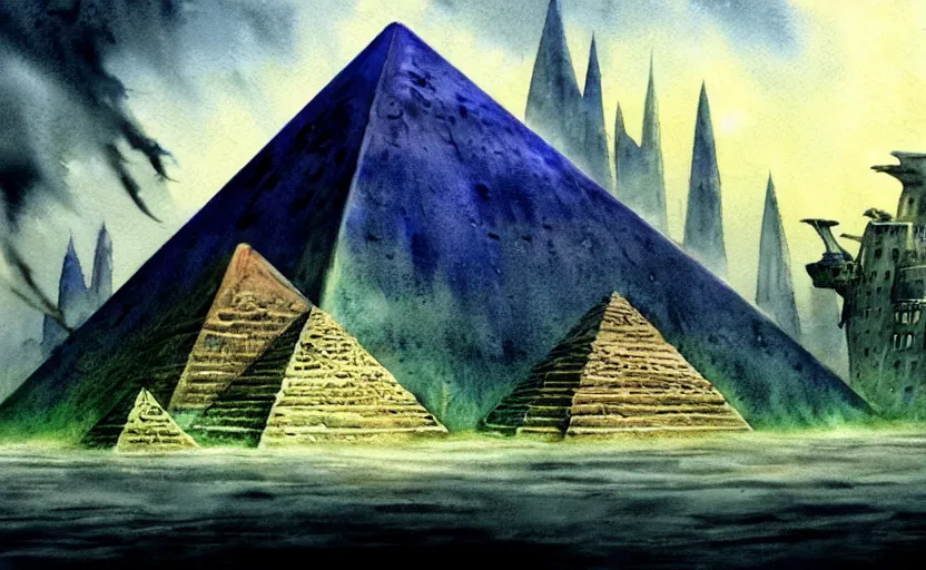 Prompt: a realistic and atmospheric cell - shaded watercolor concept art from howl's moving castle ( 2 0 0 4 ) of a futurist sci - fi city and an egyptian pyramid complex in a flooded rainforest. very dull muted colors, hd, 4 k, hq