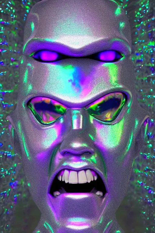 Image similar to 3d render of holographic angry human robotic screaming angry bust made of glossy iridescent, screaming, bust, surrealistic 3d illustration of a human non-binary, non binary model, 3d model human, cryengine, made of holographic texture, holographic material, holographic rainbow, concept of cyborg and artificial intelligence