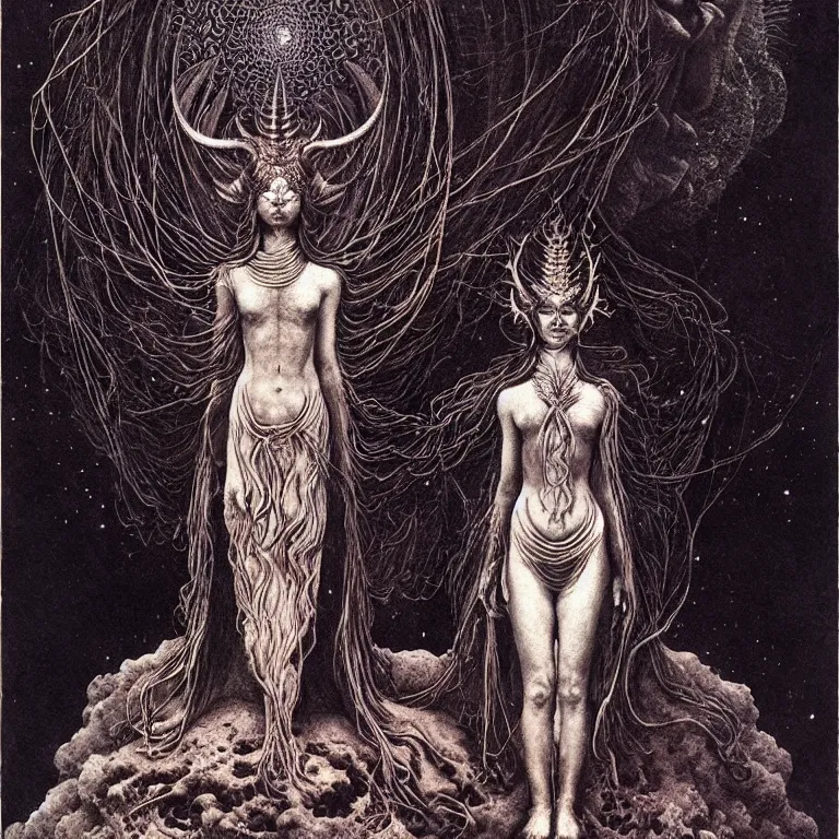 Image similar to A detailed horned many-faced goddess stands among the cosmos. Wearing a ripped mantle-robe in cosmic texture. Perfect faces, extremely high details, realistic, fantasy art, solo, masterpiece, art by Zdzisław Beksiński, Arthur Rackham, Dariusz Zawadzki