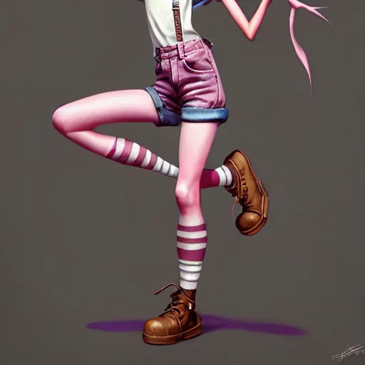 Image similar to full body pose, pixar, beautiful androgynous girl, pink pixie cut hair, torn overalls, short shorts, combat boots, fishnets, beautiful, highly detailed face, true anatomy!, extremely detailed!, digital painting, unreal engine 5, art by tom bagshaw