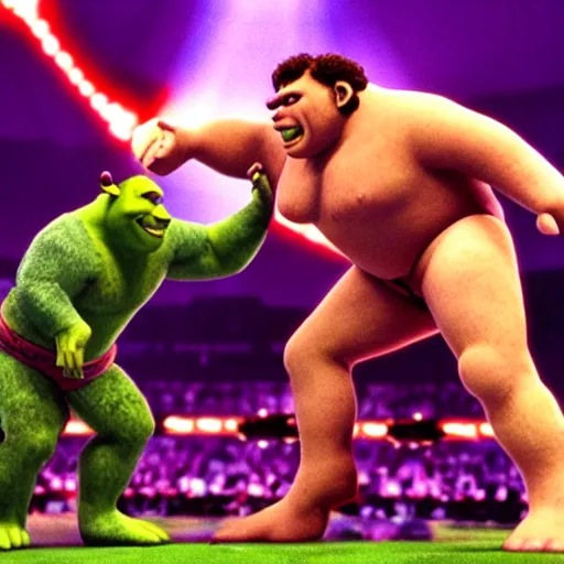 Image similar to shrek vs andre the giant at wrestlemania 8, dramatic lighting, intense battle 8k