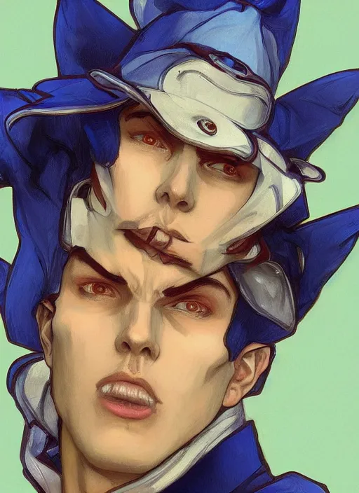 Prompt: Jotaru Joestar from Jojo Bizzare Adventure in royal blue suit, sigma male, accurately portrayed, portrait art by alphonse mucha and greg rutkowski, highly detailed, digital painting, concept art, illustration, dim lighting with twilight rays of sunlight, trending on artstation, very detailed, smooth, sharp focus, octane render, close up