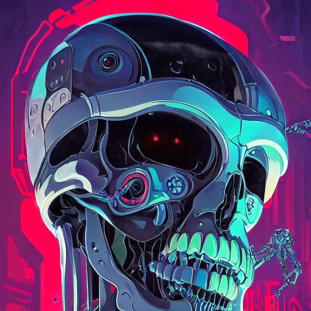 Prompt: a beautiful portrait painting of a ( ( ( cyberpunk ) ) ) robot skull by simon stalenhag and pascal blanche and alphonse mucha!! and nekro. in style of digital art. colorful comic, film noirs, symmetry, brush stroke, vibrating colors, hyper detailed. octane render. trending on artstation