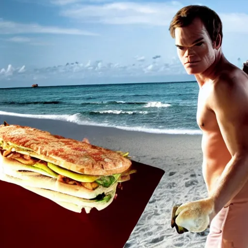 Image similar to michael c hall as dexter on the beach in miami eating a cuban sandwich