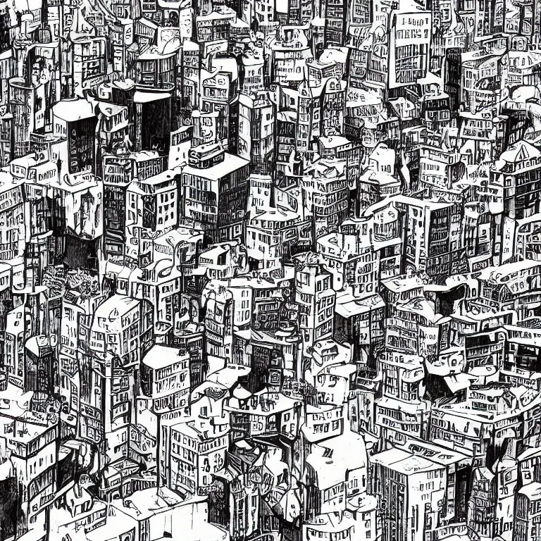 Image similar to a city literally built on rock and roll, trippy black and white comic art