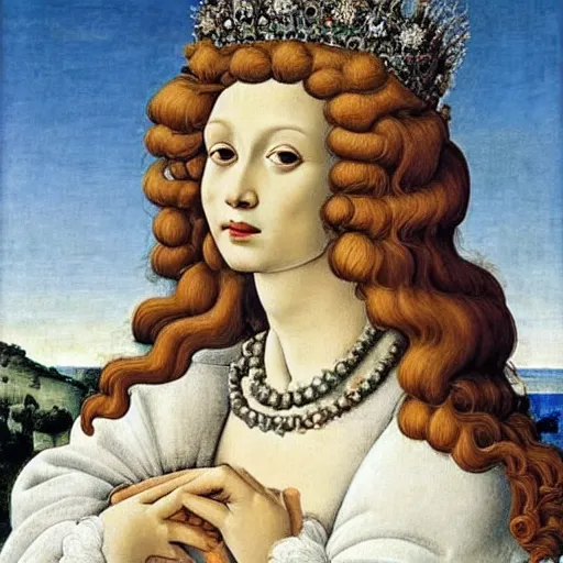 Image similar to portrait of a white poodle with curly white fur and curly white hair as an italian queen, painting by botticelli, 1 4 8 0 s