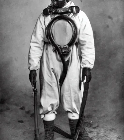 Prompt: man in anti radiation hazmat suit and optical gasmask, ww1 film photo, grainy, high detail, high resolution