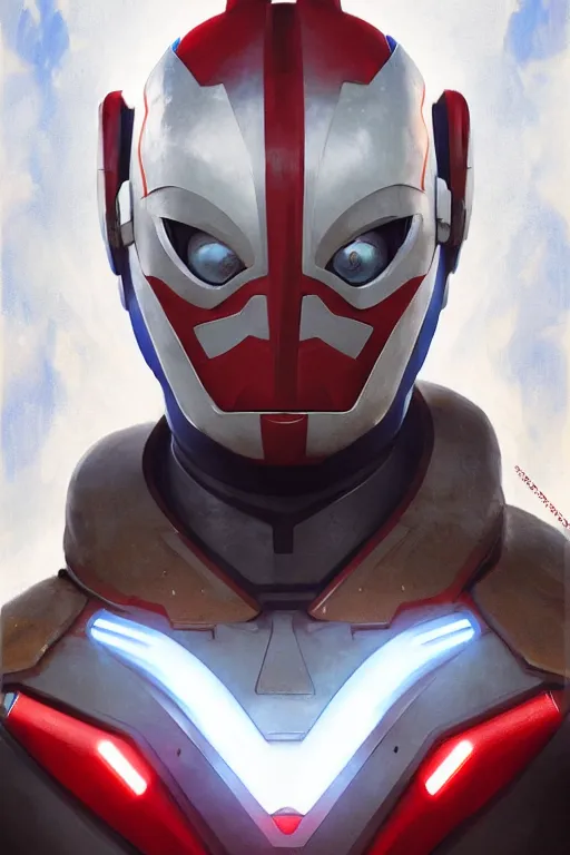 Image similar to portrait of a ultraman with japanese armor and helmet,, symmetrical, art by greg rutkowski, matte painting, trending on artstation