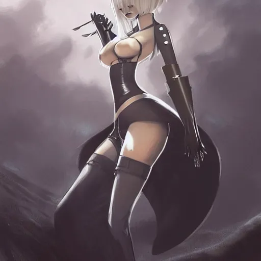 Prompt: pencil drawing of 2 b nier automata wearing a latex suit in a beach, beautiful piercing eyes, hyper realistic face, in the style of greg rutkowski, fantasy, amazing detail, epic, elegant, smooth