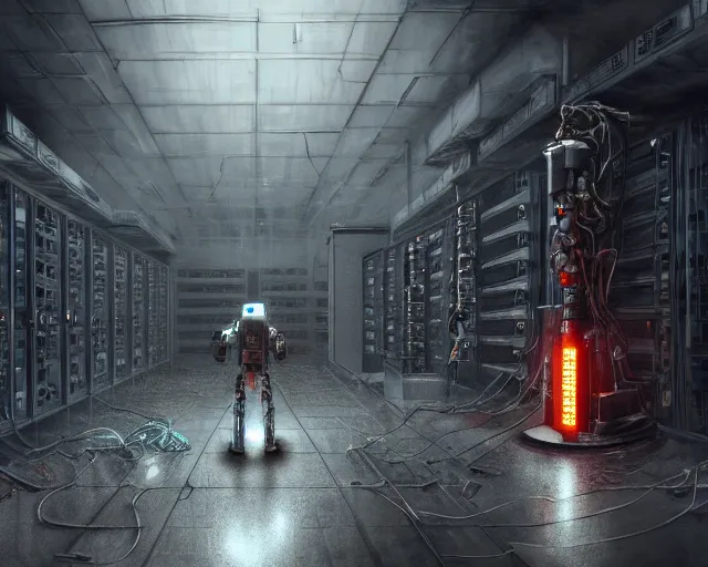 Image similar to robo in gloomy ruined server room in datacenter robot painting concept art of automata rusty steel robot knight colossus welder pacing mono eyed, sharp focus, emitting diodes, smoke, artillery, sparks, racks, motherboard, by pascal blanche rutkowski repin artstation hyperrealism detailed character design matte painting, 4 k resolution blade runner