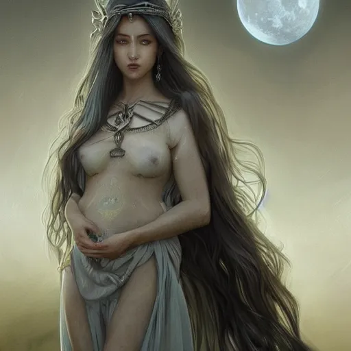 Image similar to epic portrait moon goddess, beauty, pretty face, glossy skin, long gray flowing hair, blurry backround pyramids, digital painting, artstation, concept art, soft light, hdri, smooth, sharp focus, illustration, fantasy, intricate, elegant, highly detailed, D&D, matte painting, in the style of Greg Rutkowski and Alphonse Mucha and artemisia, 8k, highly detailed, jurgens, rutkowski, bouguereau, pastoral, rustic, georgic