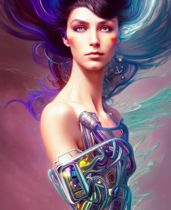 Image similar to a whirlwind of souls rushing inside the metaverse, half body, jewelry, fashionable haircut, pharaoh, android, cyborg, cyberpunk face, by loish, d & d, fantasy, intricate, elegant, highly detailed, colorful, vivid color, digital painting, artstation, concept art, art by artgerm and greg rutkowski and alphonse mucha