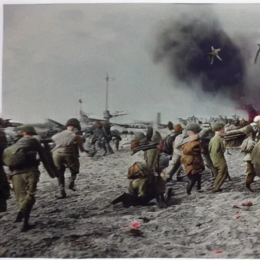 Prompt: ww 2 realistic photo in color beach landing, blood everywhere, explosions