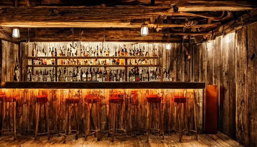 Image similar to empty cozy bar in small shack, rustic, warm, outside winter landscape