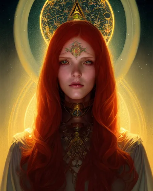 Image similar to symmetry portrait of redhead princess, glam, cleric, fireflies, crypt background, intricate, elegant, highly detailed, digital painting, artstation, concept art, smooth, sharp focus, illustration, art by artgerm and greg rutkowski and fra angelico and alphons mucha