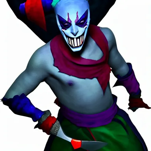 Image similar to ultra realistic shaco the mischevious jester tricking his enemies before he stabs them in the back with his wavy daggers