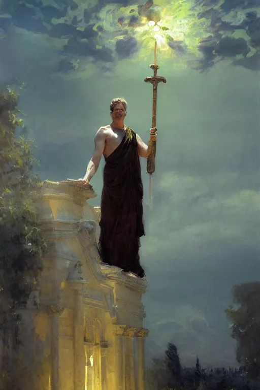 Image similar to beautiful impressionistic oil painting portrait of ancient roman god emperor steve buscemi ascending wearing the civic crown levitating in religious pose, art by anders zorn, wonderful masterpiece by greg rutkowski, expressive brush strokes, beautiful cinematic light, american romanticism by greg manchess, jessica rossier