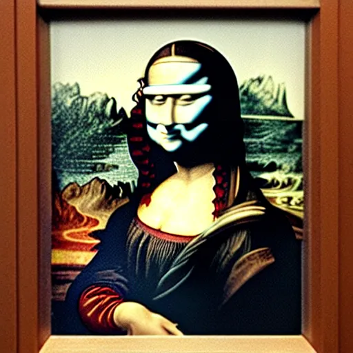 Prompt: mona lisa drawn on a blackboard in a room full of blindfolded people