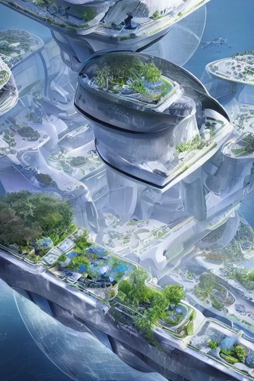 Image similar to Floating ocean cities, hydroponics and vertical farms, hover cars and futuristic trains, eco-friendly theme, telephoto lens, high shot camera angle, futuristic architecture by Bjarke Ingels, future island design, hyperdetailed artstation, concept art, sci-fi illustration, digital art, by James Gurney, by Stephan Martiniere