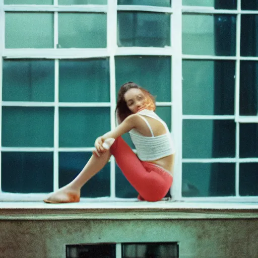 Prompt: girl in a crop top sitting on a window, cinestill 8 0 0 t