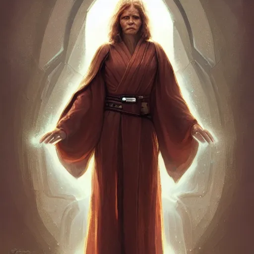 Image similar to portrait of a woman by greg rutkowski, grand jedi master jade skywalker, copper wavy hair, star wars expanded universe, she is about 7 0 years old, wearing jedi robes, wise and serene, highly detailed portrait, digital painting, artstation, concept art, smooth, sharp foccus ilustration, artstation hq