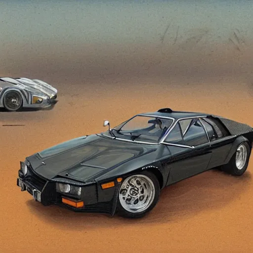 Prompt: full view of a classic supercar from 1980's with off-road tires, intricate, elegant, highly detailed, digital painting, concept art, smooth, sharp focus, art style from Greg Rutkowski and Bruce Kaiser and Scott Robertson and Dmitry Mazurkevich and Doruk Erdem and Jon Sibal