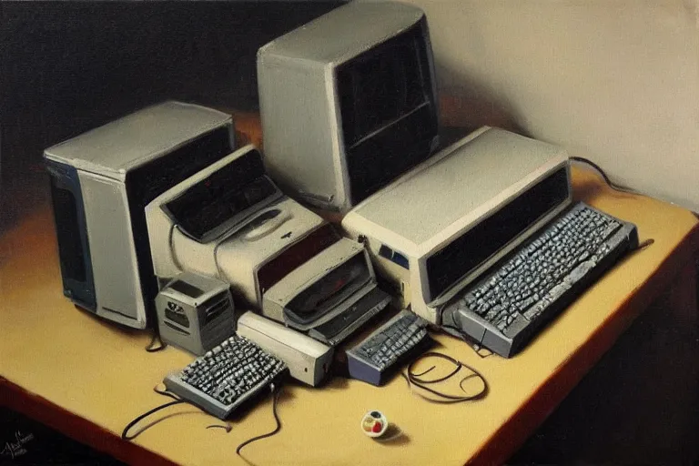 Prompt: still life painting of vintage computers by Adriaen van der Spelt, oil on canvas, strong lighting, highly detailed, hyper realism, HD, 4K