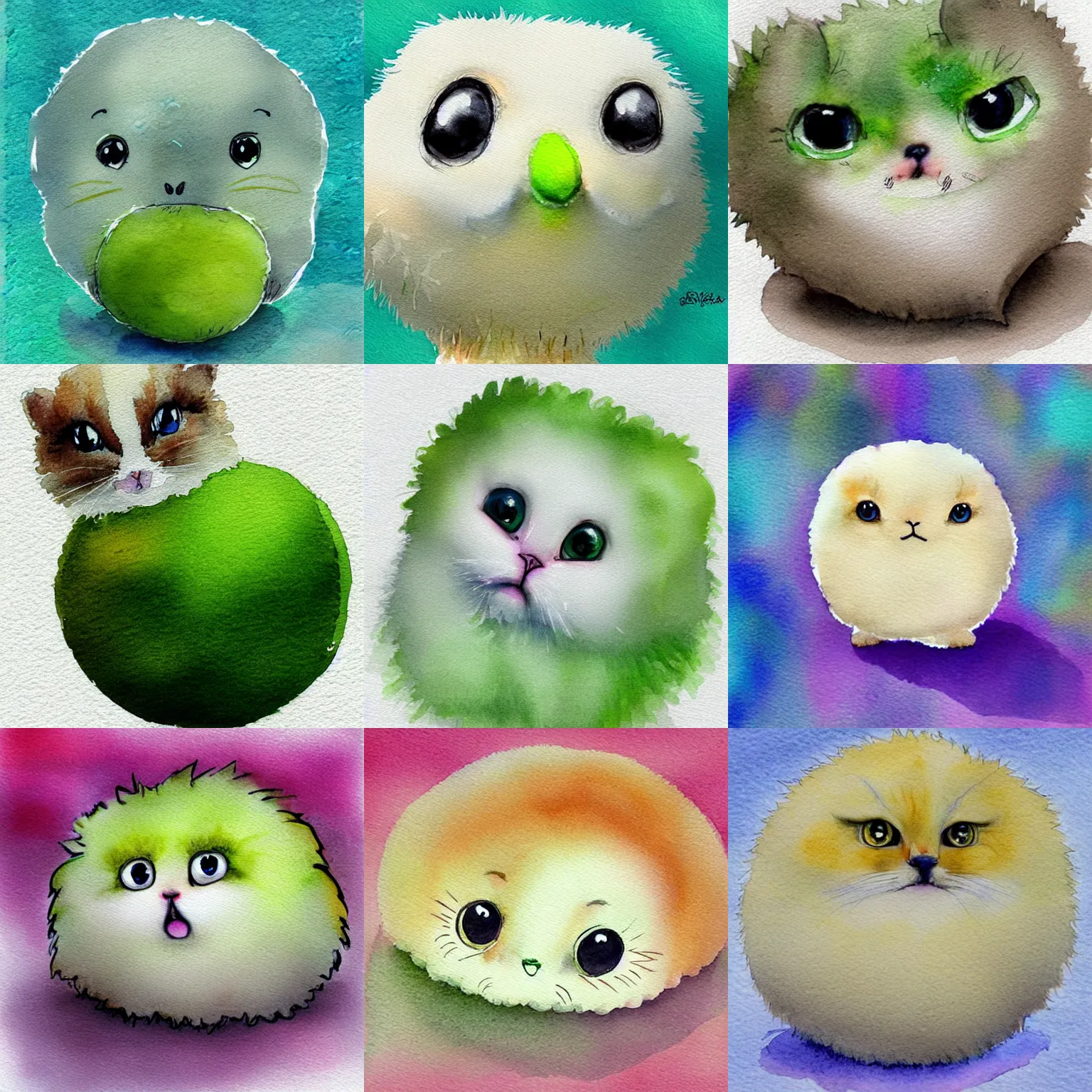 Image similar to lightly lime colored cute puff ball with adorable face, beautiful watercolor illustration, digital art