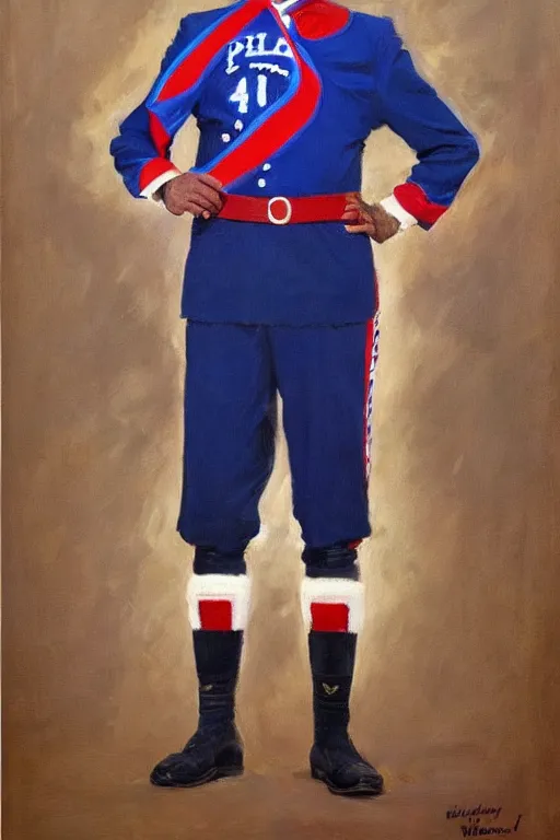 Image similar to full body portrait of the dictator of the philadelphia 7 6 ers, 1 8 8 9, in full military garb, oil on canvas by william sidney mount, trending on artstation