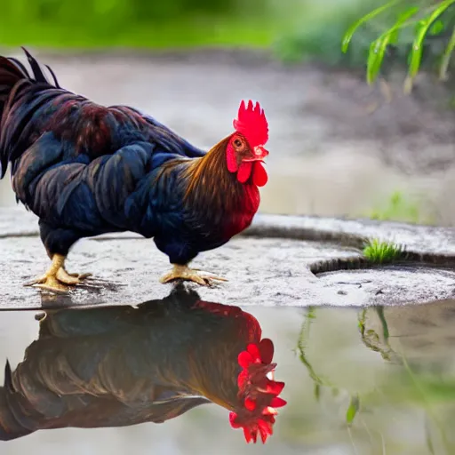 Prompt: chicken rooster standing in a pond photo bokeh depth field