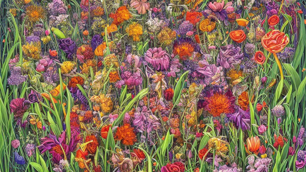 Prompt: highly detailed illustration of an explosion of all the known species of flowers by oliver vernon