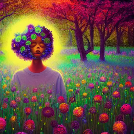 Image similar to girl with a gargantuan flower as a face, surreal photography, dream, standing in flower field, hills, big trees, sunrise dramatic light, impressionist painting, colorful clouds, digital painting, pointillism, artstation, simon stalenhag, flower face