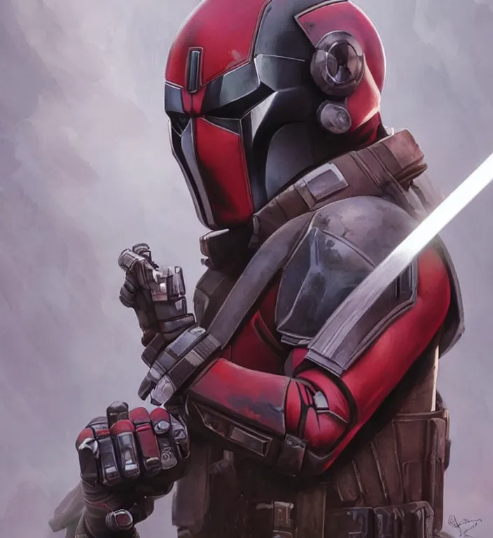 Image similar to mandalorian deadpool, futuristic, dramatic light, soft, sharp focus, concept art by greg rutkowski and artgerm and mucha