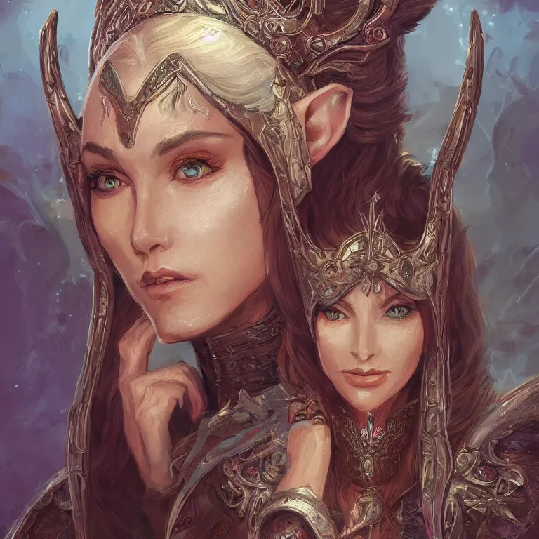 Image similar to portrait of an elf queen, D&D, fantasy, highly detailed, digital painting, artstation, concept art, smooth, sharp focus, illustration, art by Terese Nielsen and Marta Dahlig