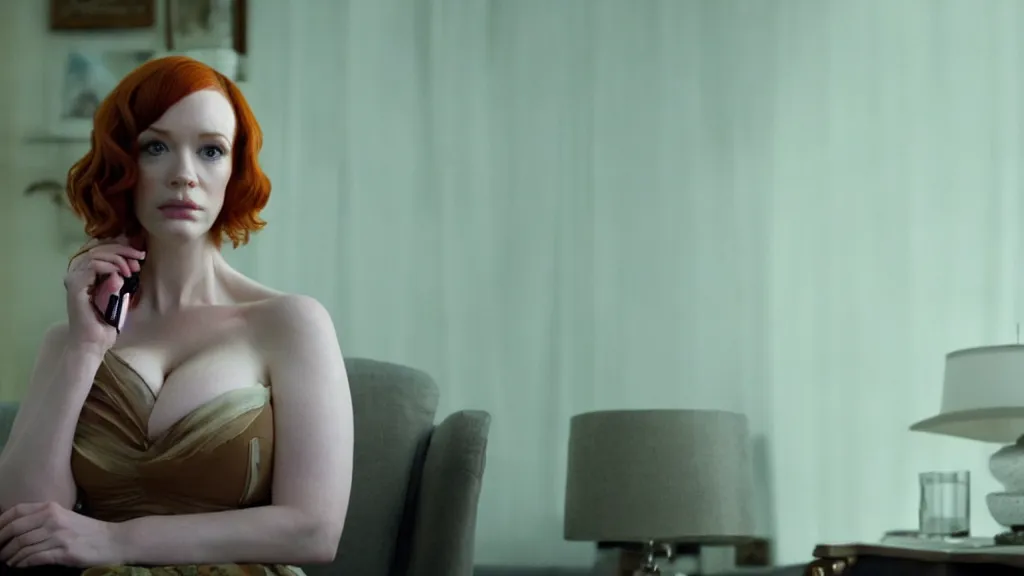 Image similar to Christina Hendricks in the living room, film still from the movie directed by Denis Villeneuve with art direction by Salvador Dalí, wide lens