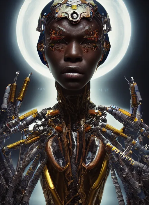 Image similar to portrait of a futuristic african voodoo master cyborg, in the style of ghost in the shell, kintsugi, modern fine art, fractal, intricate, elegant, highly detailed, digital photography, subsurface scattering, by jheronimus bosch and greg rutkowski,