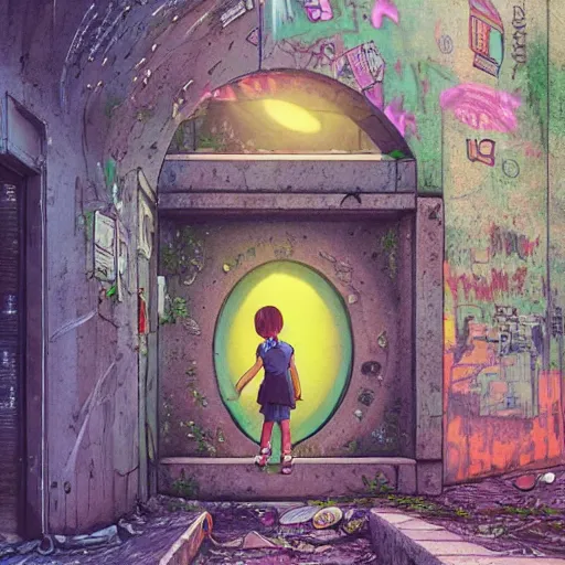 Image similar to a little girl on a dilapidated sidewalk looking through a dirty graffiti wall into a round portal. inside the portal is a beautiful vaporwave cosmic futuristic city, illustration, intricate details, highly detailed, fantasy art style, concept art, intricate details, highly detailed, moebius, studio ghibli, rene magritte