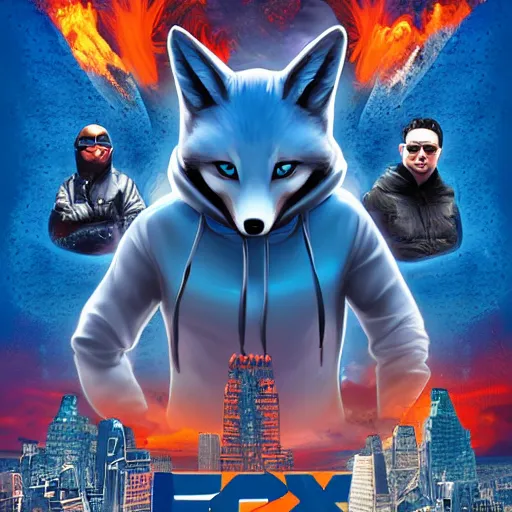 Image similar to modern action adventure movie poster, featuring in anthropomorphic blue fox in a hoodie, promotional movie poster print