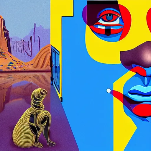 Image similar to ultra realistic portrait of dj khaled in a studio, ultra detailed, under blue, red and yellow cinematic lighting, salvador dali, cartoon, monument valley, escher