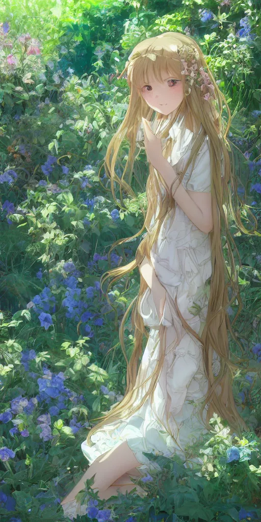 Prompt: a digital art of a loli with long hair in a dress in the privet garden at after noon, green and blue and warm theme, back lighting, highly detailed, 4 k resolution, trending on art station, elegant, by krenz cushart and mucha and akihito yoshida and greg rutkowski and makoto shinkai