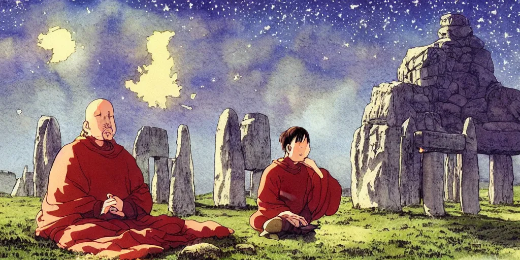 Prompt: a hyperrealist studio ghibli watercolor fantasy concept art of a giant medieval monk in lotus position in stonehenge with a starry sky in the background. a giant ufo from independence day ( 1 9 9 6 ) is floating in the air. by rebecca guay, michael kaluta, charles vess