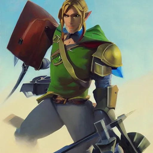 Image similar to greg manchess portrait painting of armored link from legend of zelda as overwatch character, medium shot, asymmetrical, profile picture, organic painting, sunny day, matte painting, bold shapes, hard edges, street art, trending on artstation, by huang guangjian and gil elvgren and sachin teng