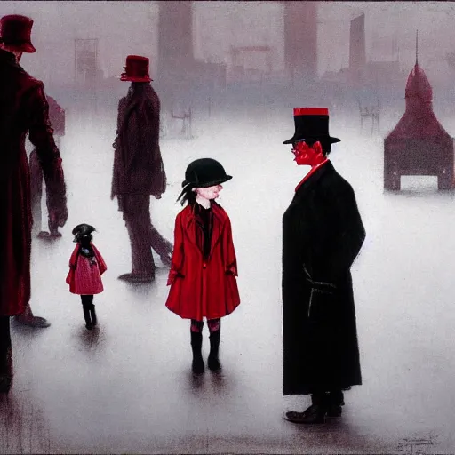 Image similar to a highly detailed epic cinematic concept art, cyberpunk, a thin man in a black coat and bowler hat talks with small young girl who is dressed in a red coat and a red hat, Berlin park, autumn, 1923, in the style of in the style of Francis Bacon and Syd Mead and Norman Rockwell and Beksinski, painted by Francis Bacon and Edward Hopper, painted by James Gilleard, surrealism, airbrush, Ilya Kuvshinov, WLOP, Stanley Artgerm, very coherent, triadic color scheme, art by Takato Yamamoto and James Jean, high detail, width 768