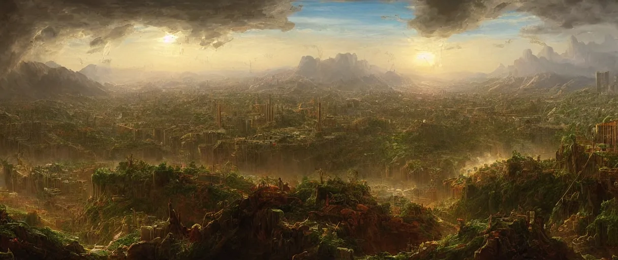 Image similar to a highly detailed painting of a post apocalyptic la in the style of thomas cole